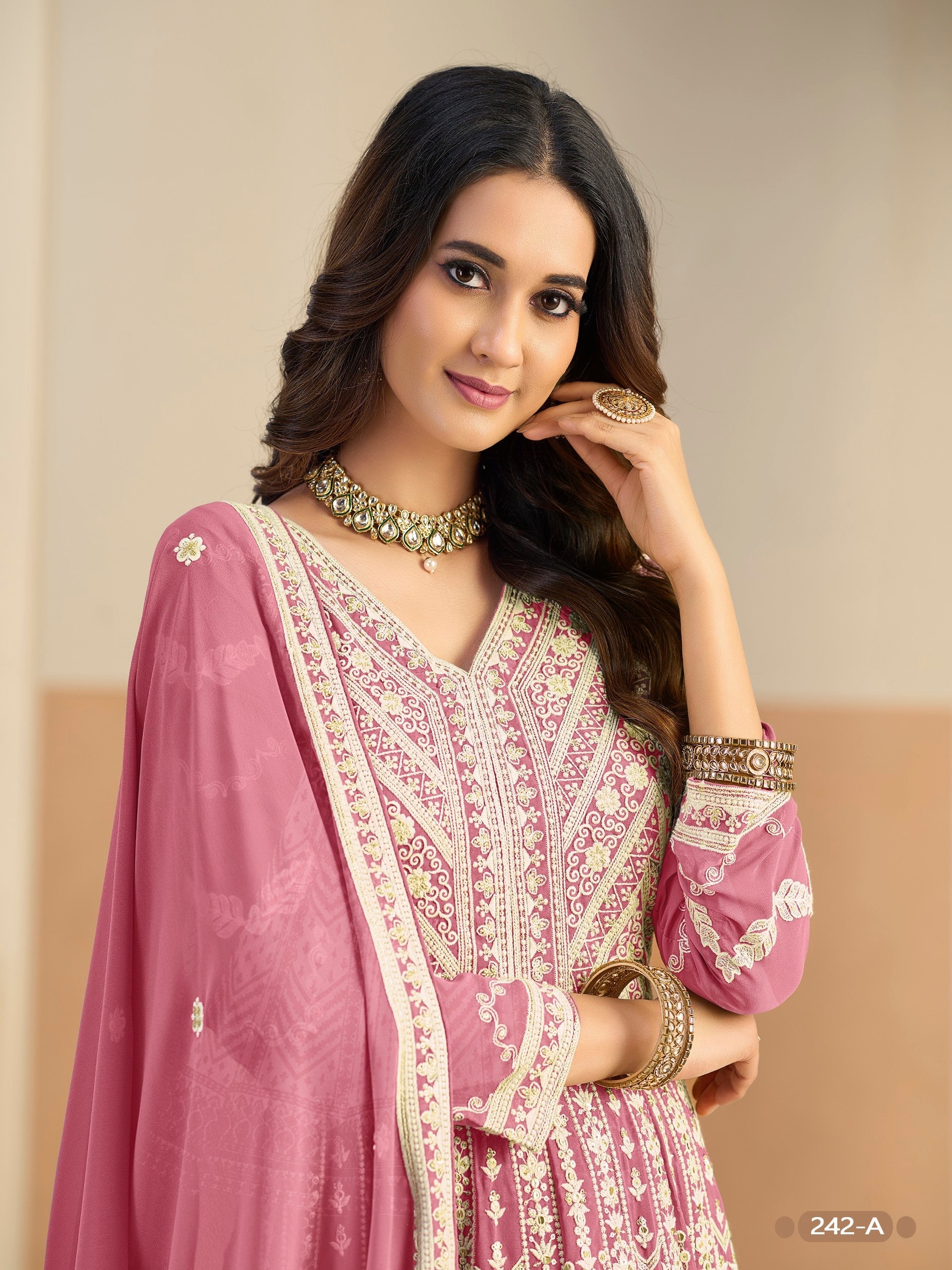 Anaita Pink Heavy Embroidered Faux Georgette Anarkali Suit With Salwar
