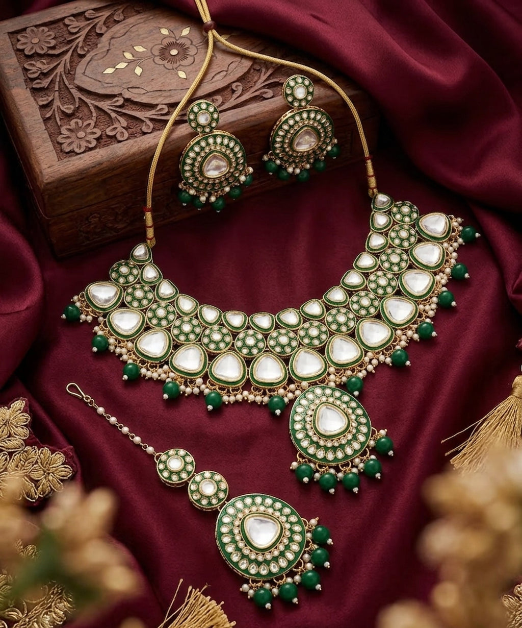 Jewel City Handcrafted Kundan Choker Necklace Set | Gold Plated | Emerald Green | Wedding & Festival Jewelry