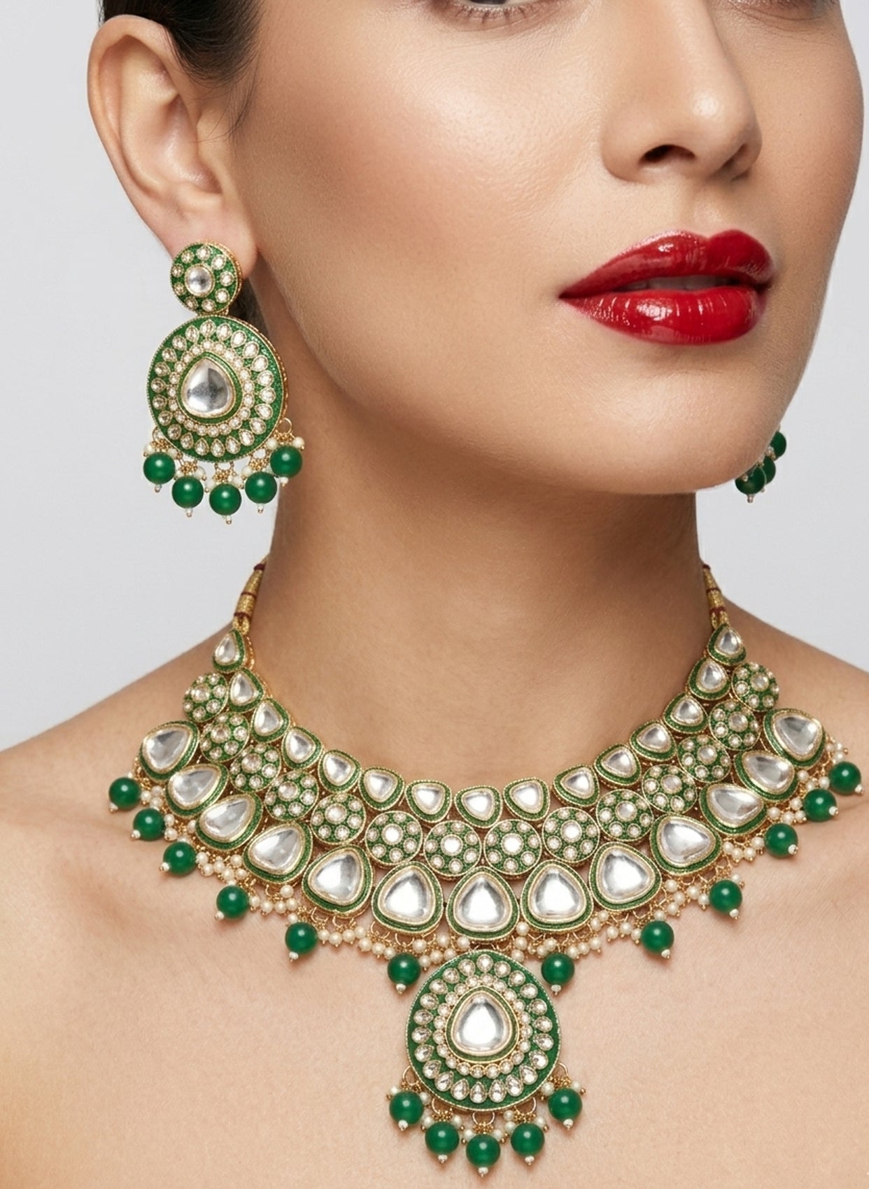 Jewel City Handcrafted Kundan Choker Necklace Set | Gold Plated | Emerald Green | Wedding & Festival Jewelry