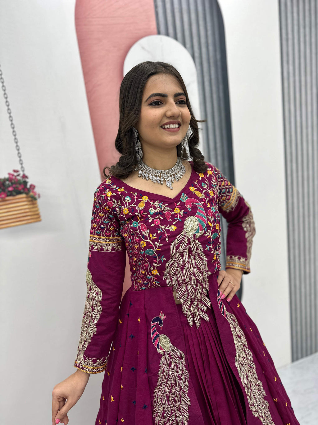 Yash Enterprise Pink Vichitra Silk Party Wear Embroidery Crop Top With Blouse Lehenga Choli