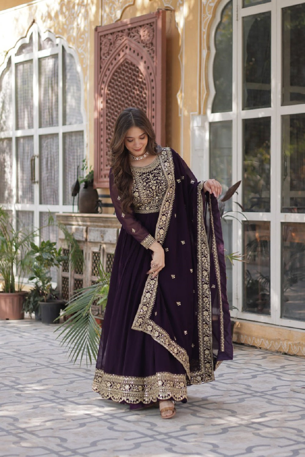 Yash Enterprise Wine Georgette Party Wear Embroidery Suit Set