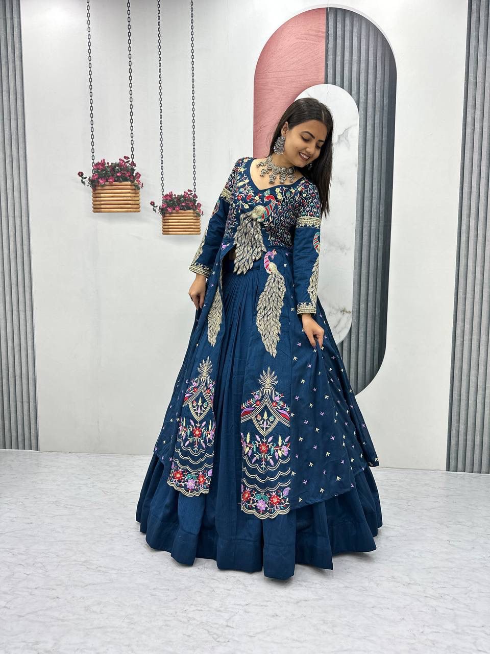 Yash Enterprise Rama Green Vichitra Silk Party Wear Embroidery Crop Top With Blouse Lehenga Choli