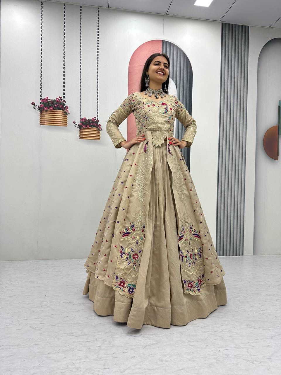 Yash Enterprise Cream Vichitra Silk Party Wear Embroidery Crop Top With Blouse Lehenga Choli