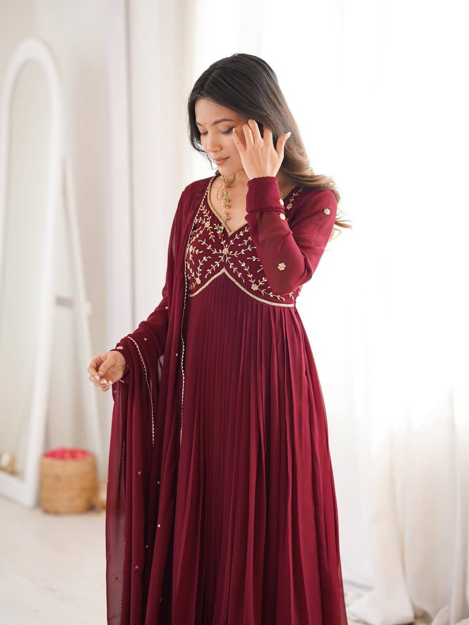 Yash Enterprise Maroon Faux Georgette Party Wear Embroidery Suit Set