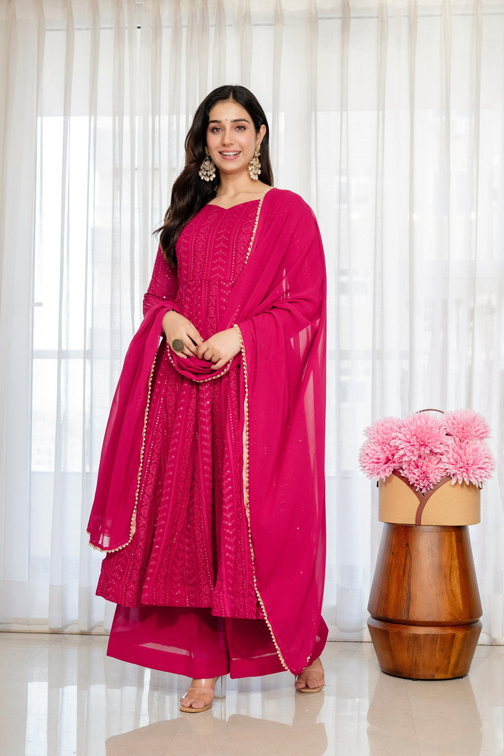 Yash Enterprise Rani Pink Blooming Silk Party Wear Embroidery Sharara Suit Set