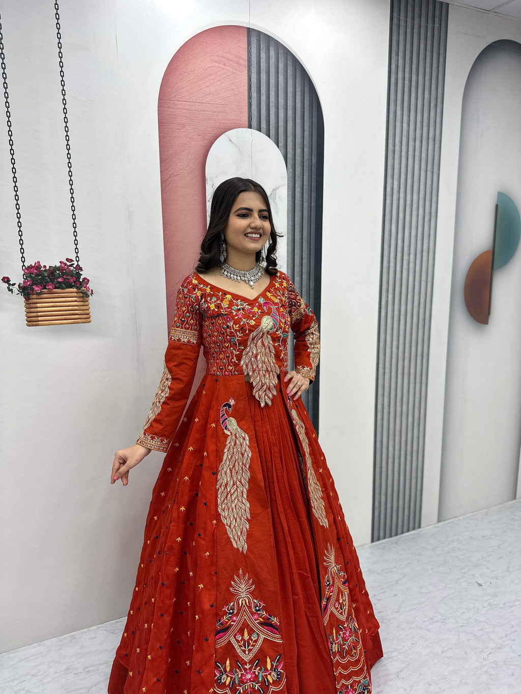 Yash Enterprise Orange Vichitra Silk Party Wear Embroidery Crop Top With Blouse Lehenga Choli