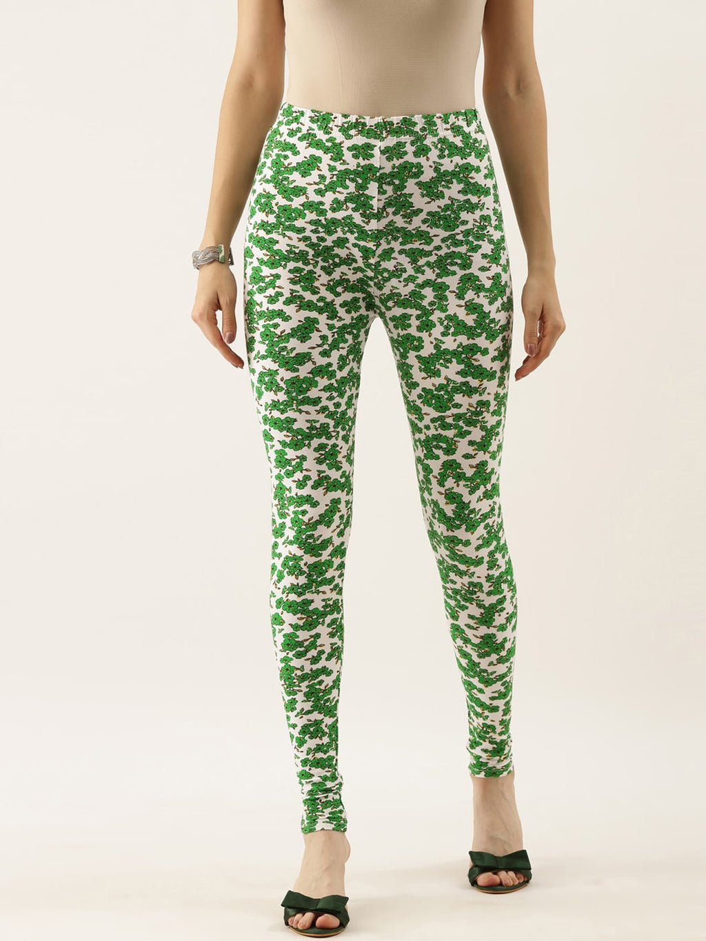 Souchii White & Green Printed Ankle-Length Leggings
