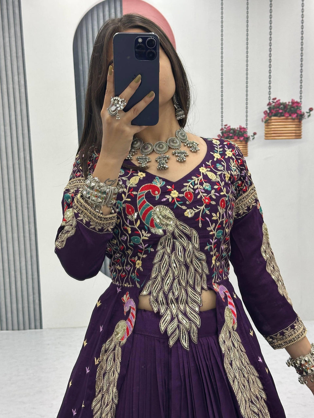 Yash Enterprise Purple Vichitra Silk Party Wear Embroidery Crop Top With Blouse Lehenga Choli