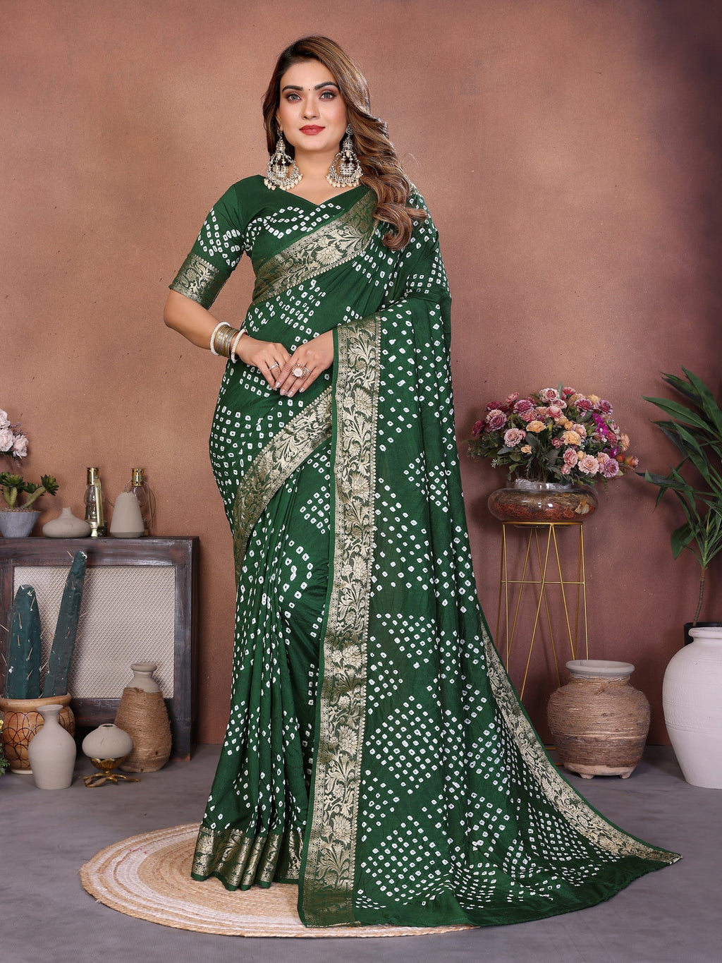Anaita Green Handmade Bandhej Viscose Silk Saree With Blouse