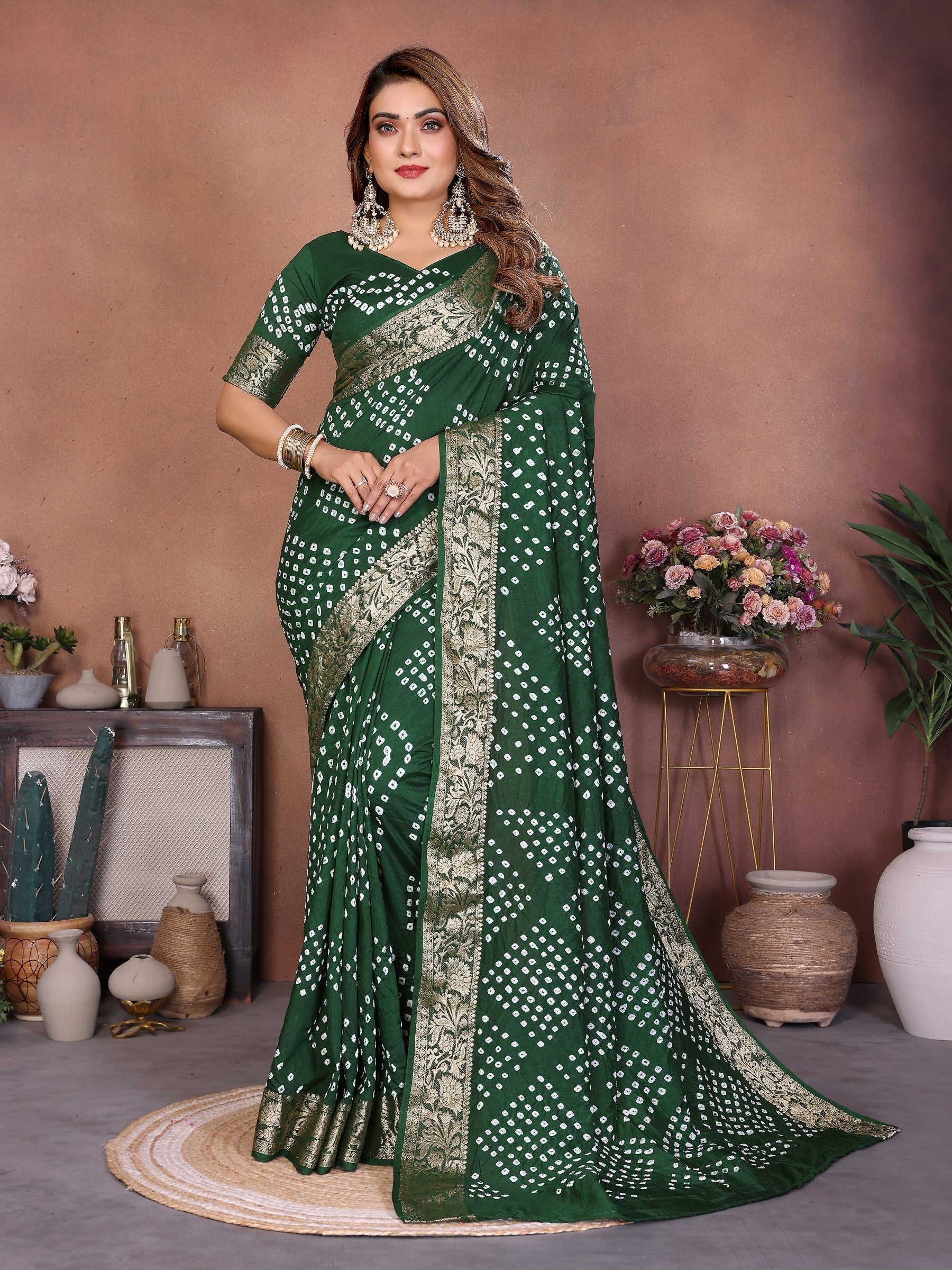 Anaita Green Handmade Bandhej Viscose Silk Saree With Blouse