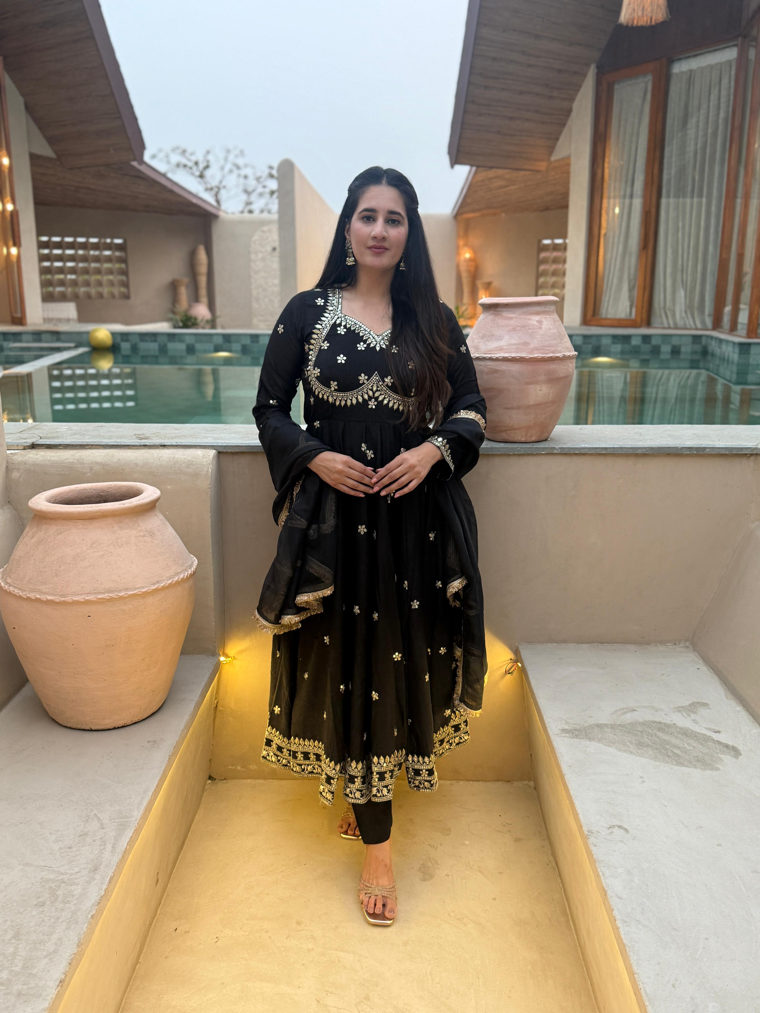Yash Enterprise Black Vichitra Silk Party Wear Embroidery Suit Set