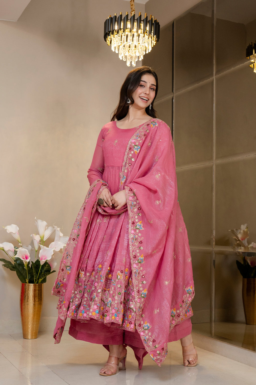 Yash Enterprise Dusty Rose Crunchy Silk Party Wear Embroidery Sharara Suit Set