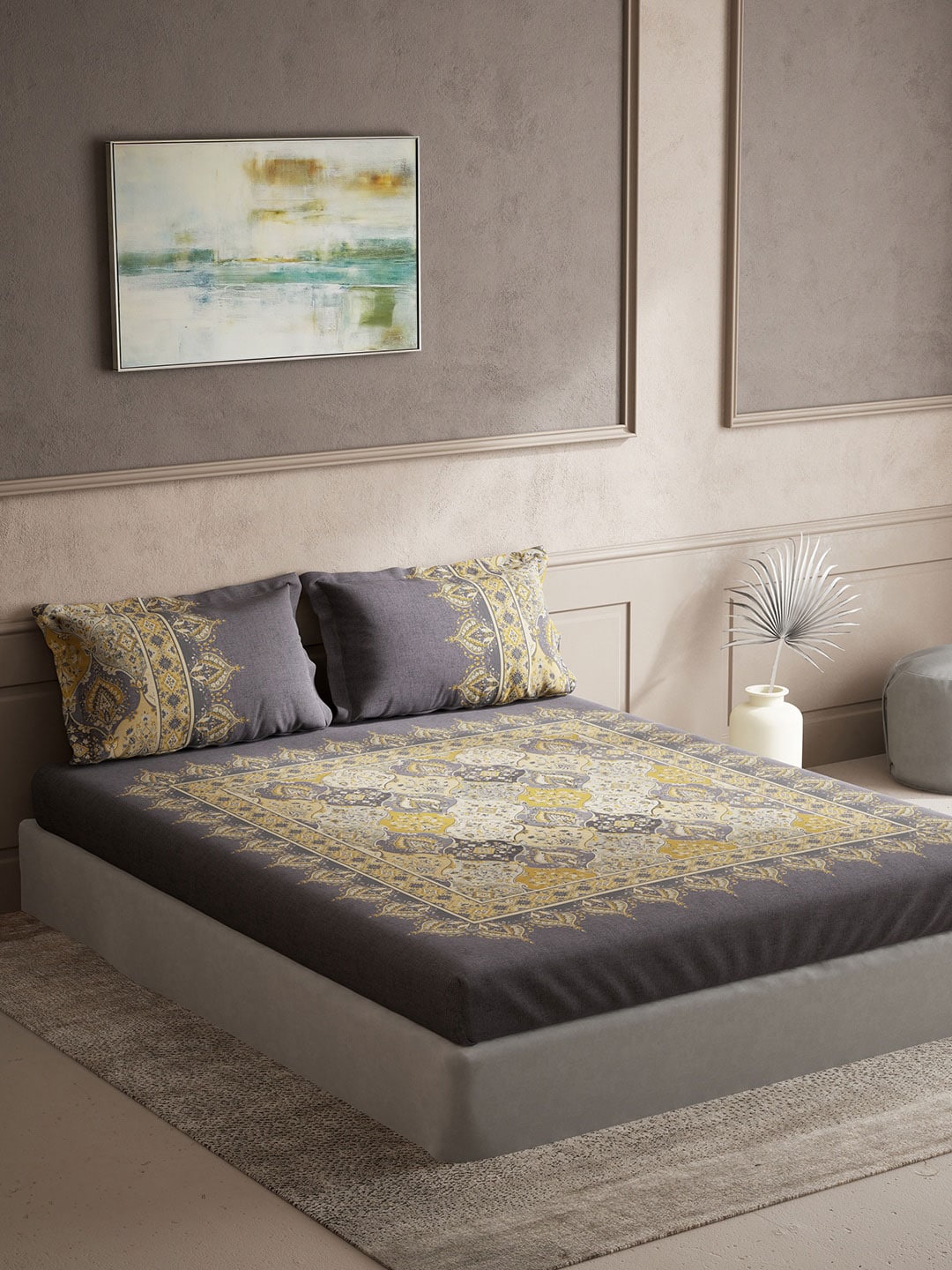 DDecor Grey & Yellow Ethnic Motifs Cotton 140 TC King Bedsheet With 2 Pillow Covers