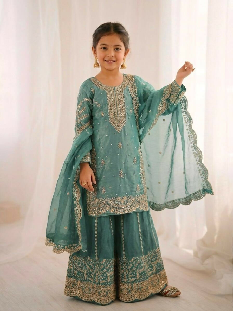 Teeya Creation Girls Heavy Embroidery Turquoise Ethnic Kurta And Palazzo Set With Net Dupatta
