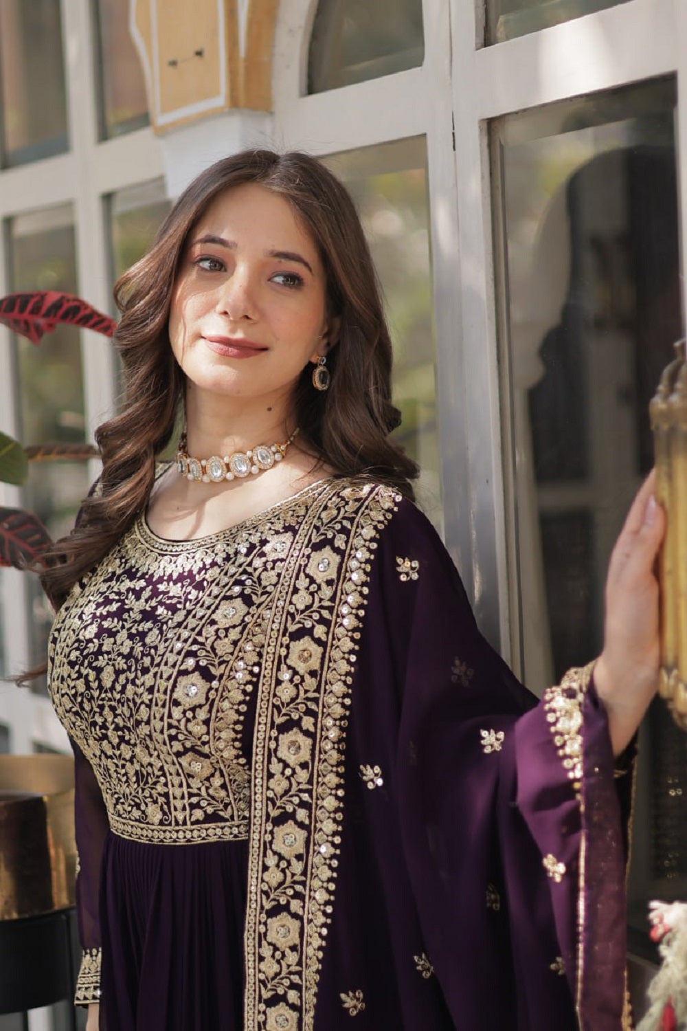 Yash Enterprise Wine Georgette Party Wear Embroidery Suit Set