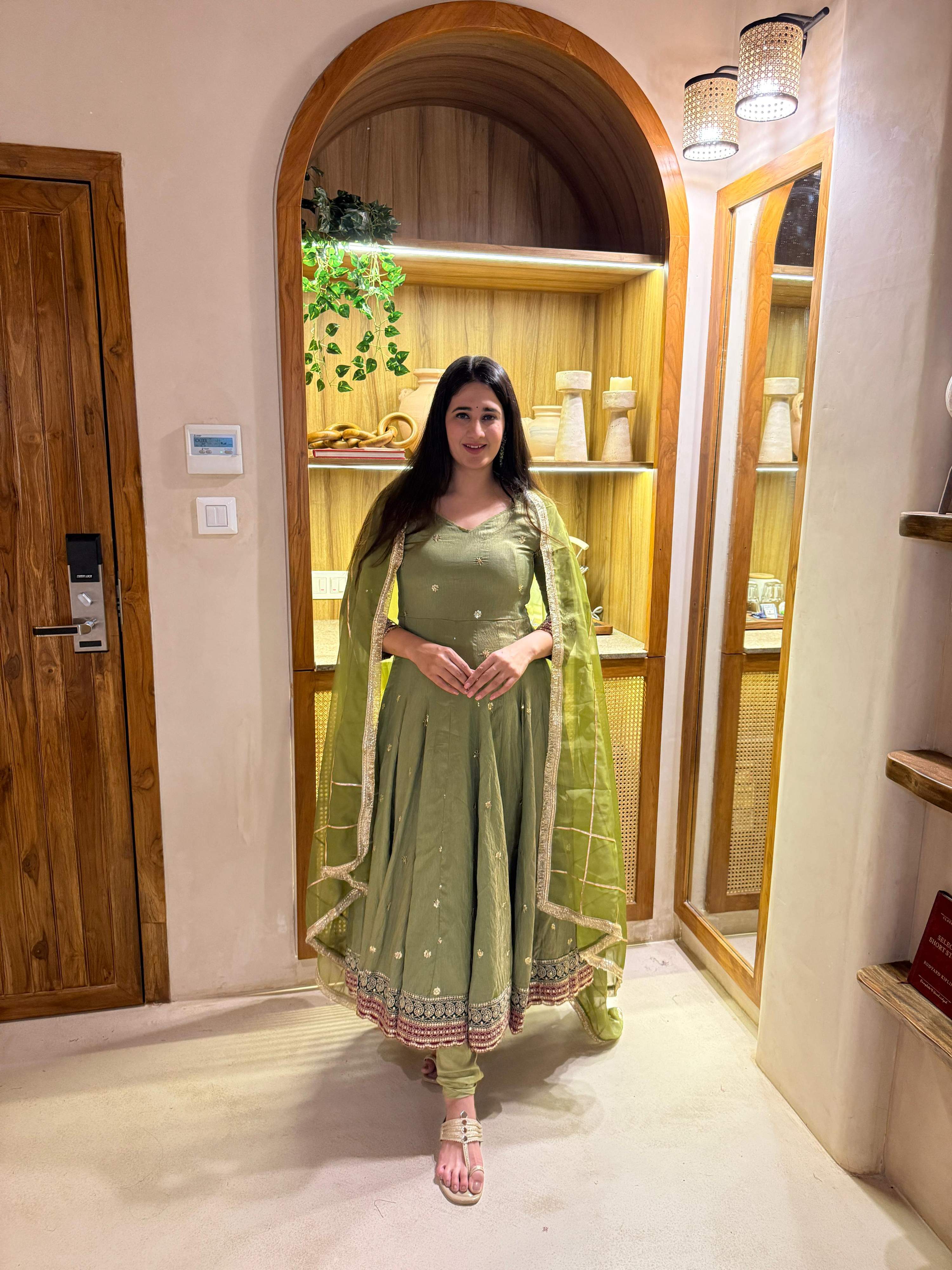 Yash Enterprise Green Vichitra Silk Party Wear Embroidery Suit Set