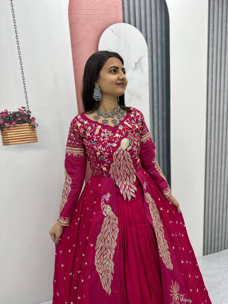 Yash Enterprise Red Vichitra Silk Party Wear Embroidery Crop Top With Blouse Lehenga Choli