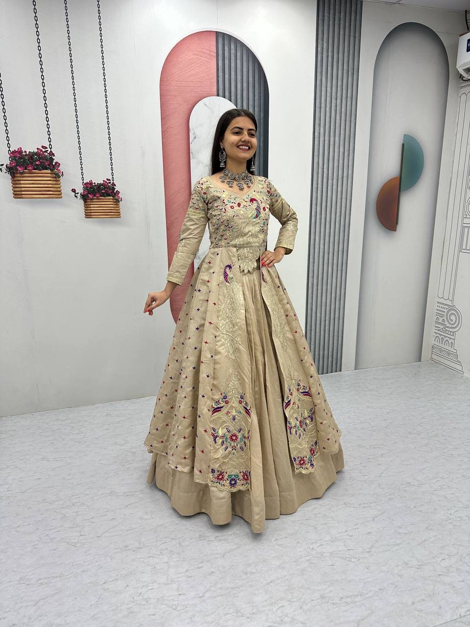 Yash Enterprise Cream Vichitra Silk Party Wear Embroidery Crop Top With Blouse Lehenga Choli