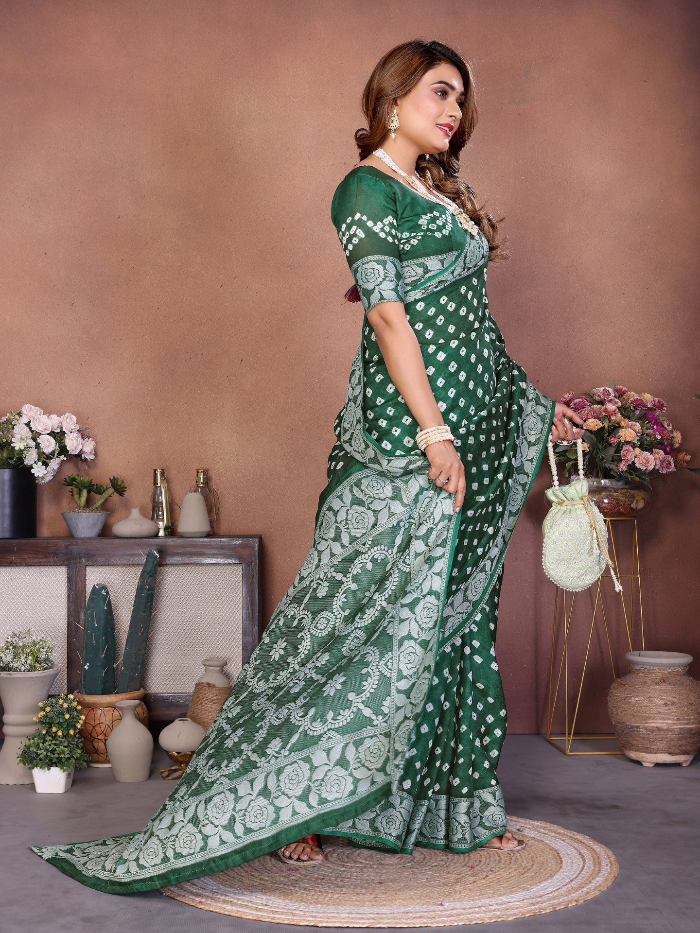 Anaita Green Handmade Bandhej Viscose Silk Saree With Blouse