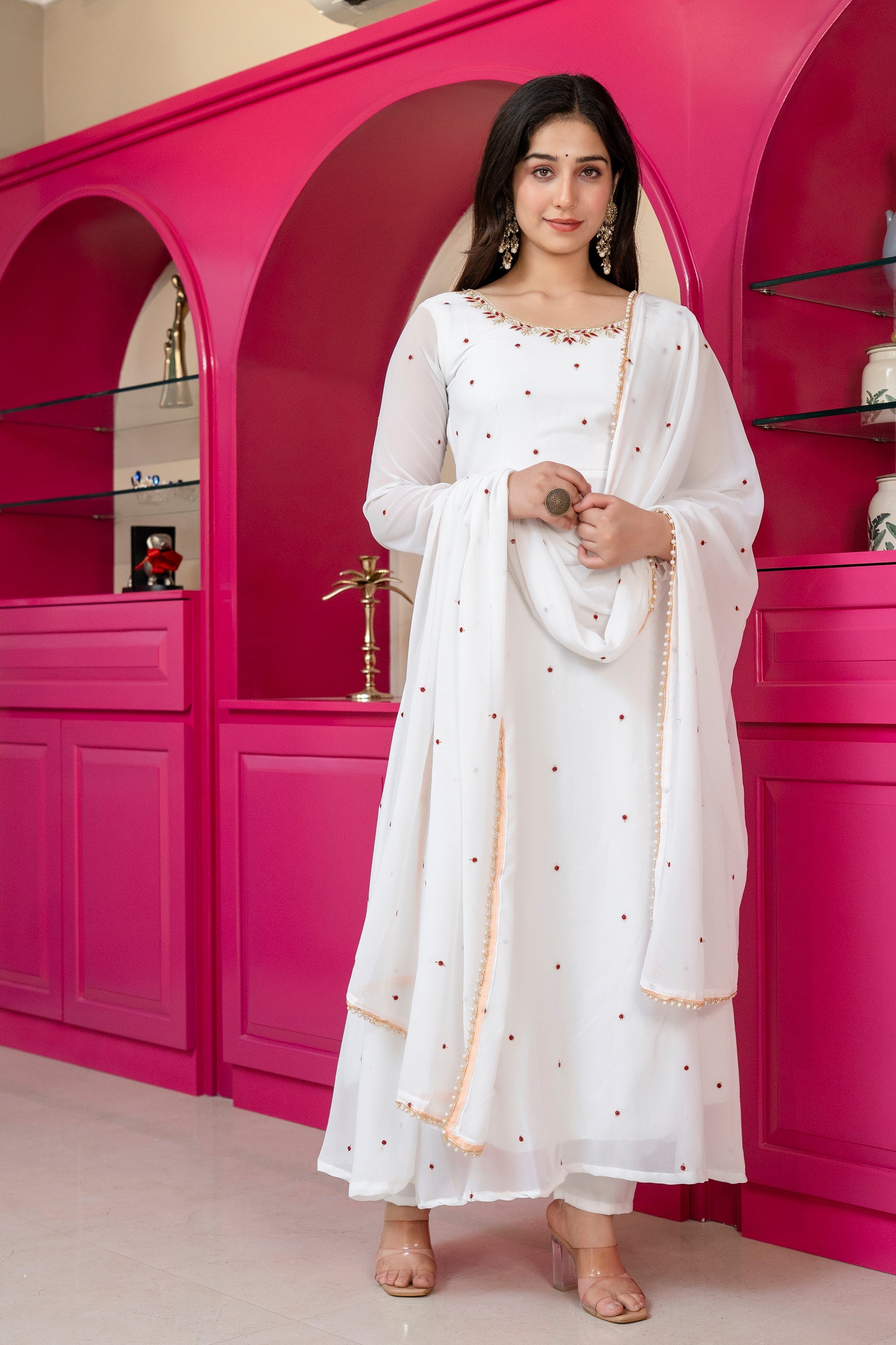 Yash Enterprise White Georgette Party Wear Embroidery Suit Set