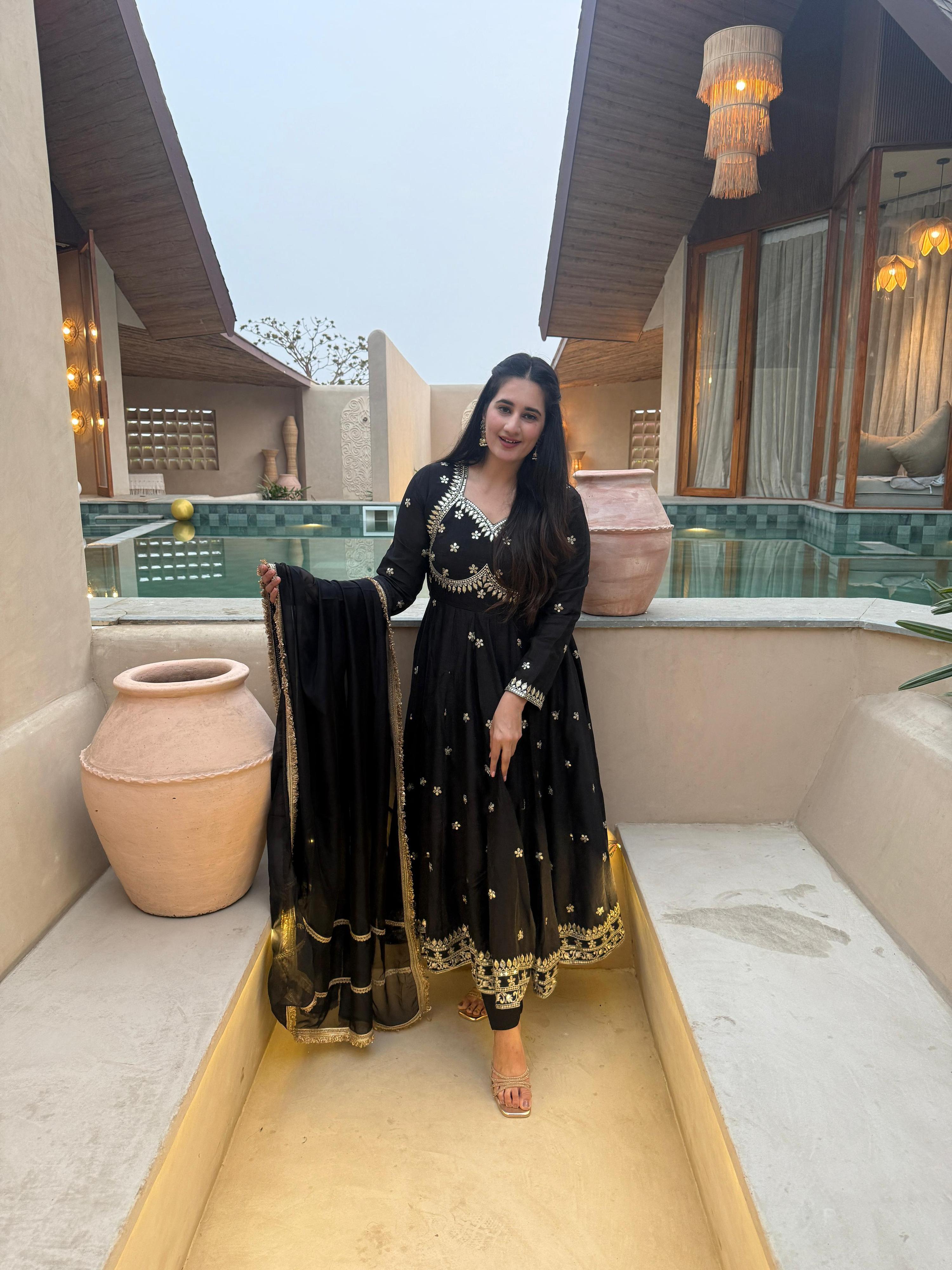 Yash Enterprise Black Vichitra Silk Party Wear Embroidery Suit Set
