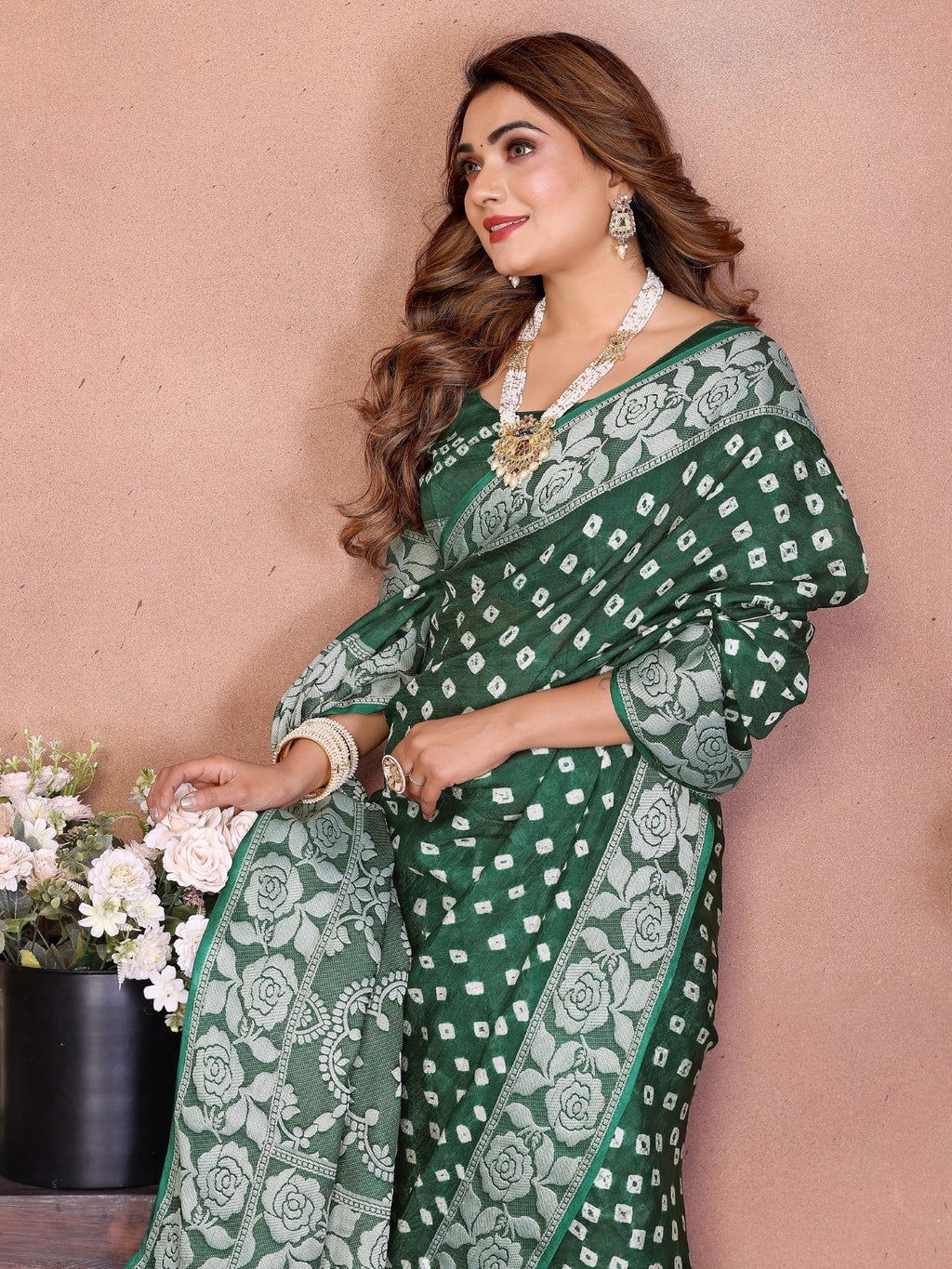 Anaita Green Handmade Bandhej Viscose Silk Saree With Blouse