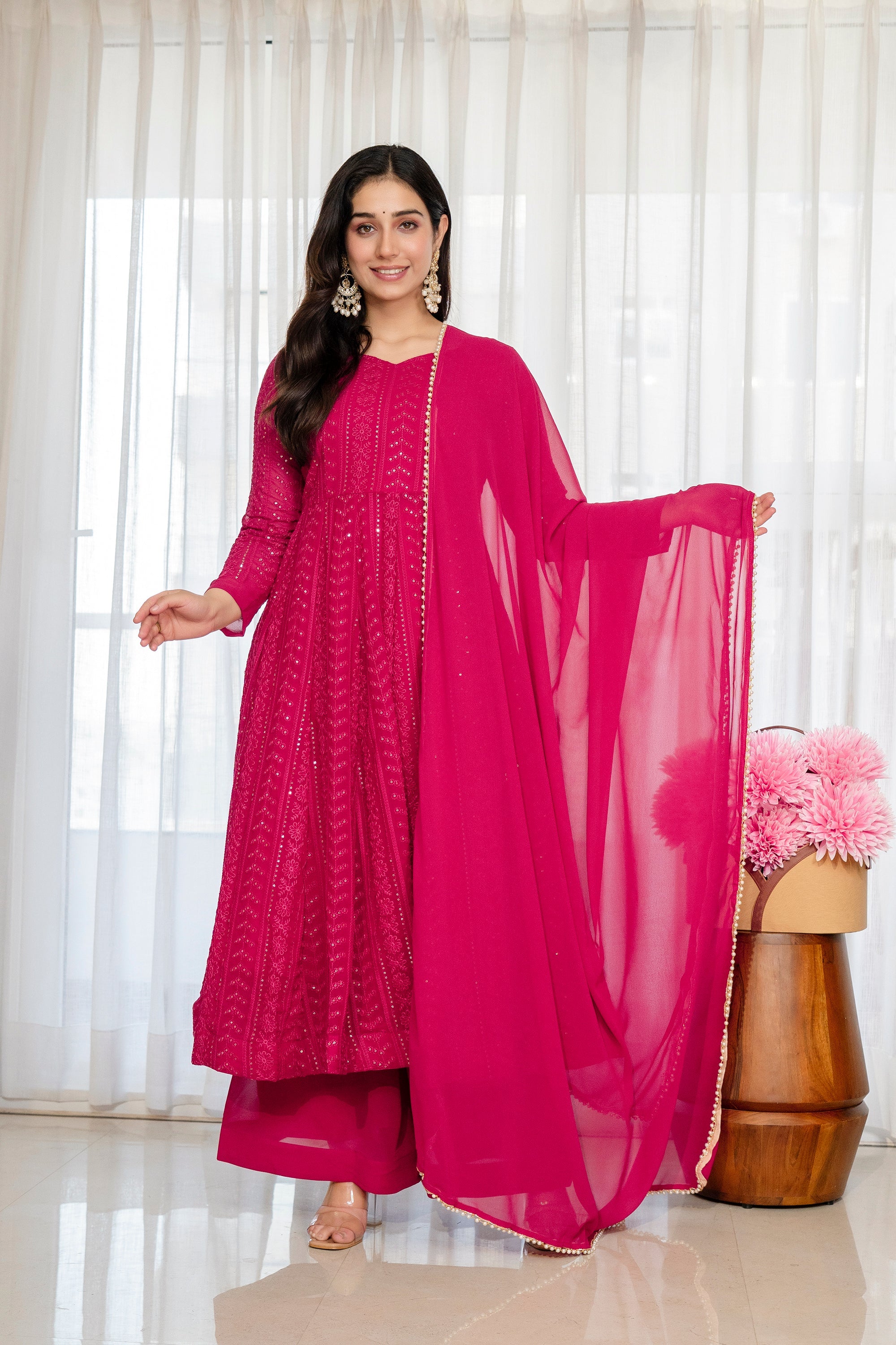 Yash Enterprise Rani Pink Blooming Silk Party Wear Embroidery Sharara Suit Set