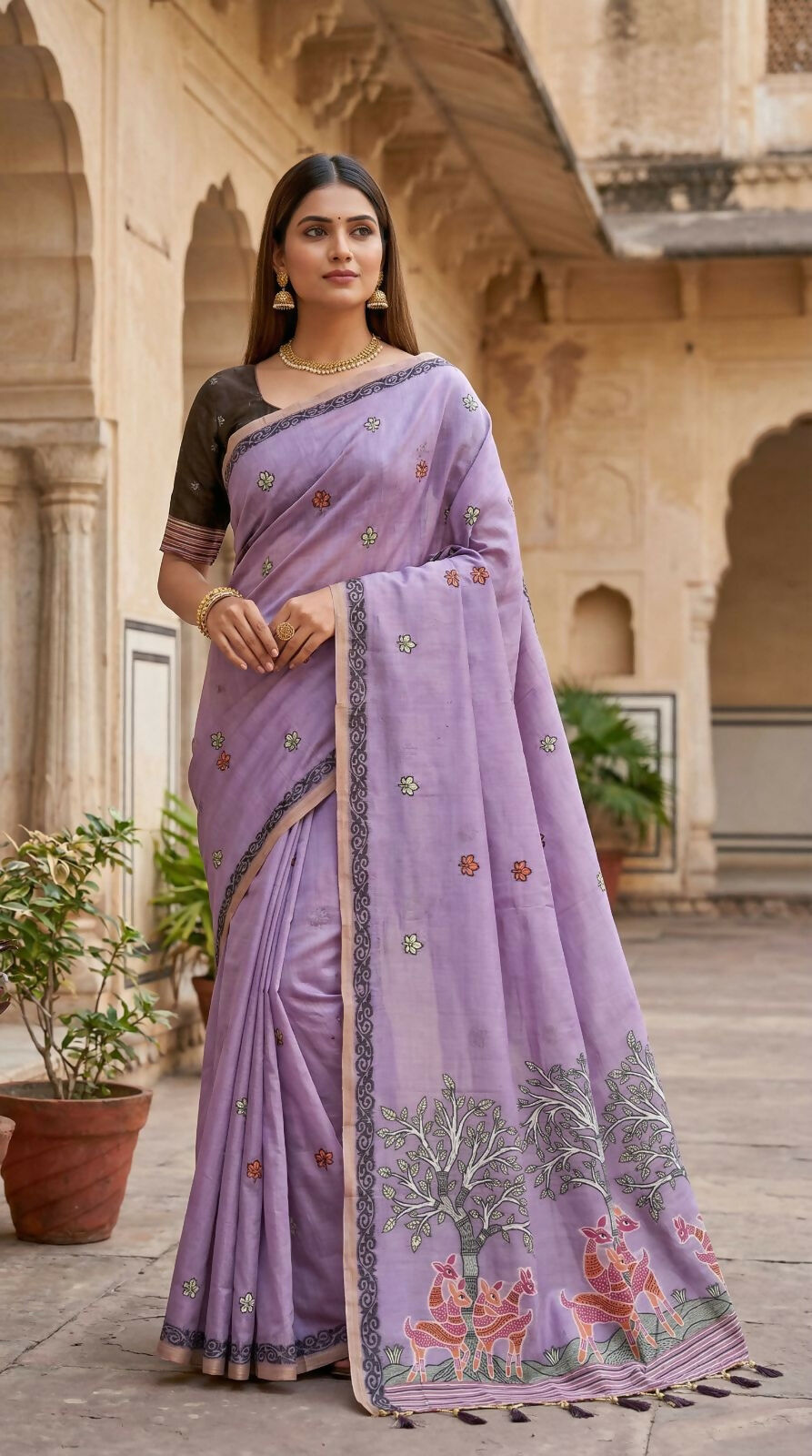 Vastranavya Lavender Muga Cotton Meenakari & Azarakh Pallu Saree with Contrast Blouse