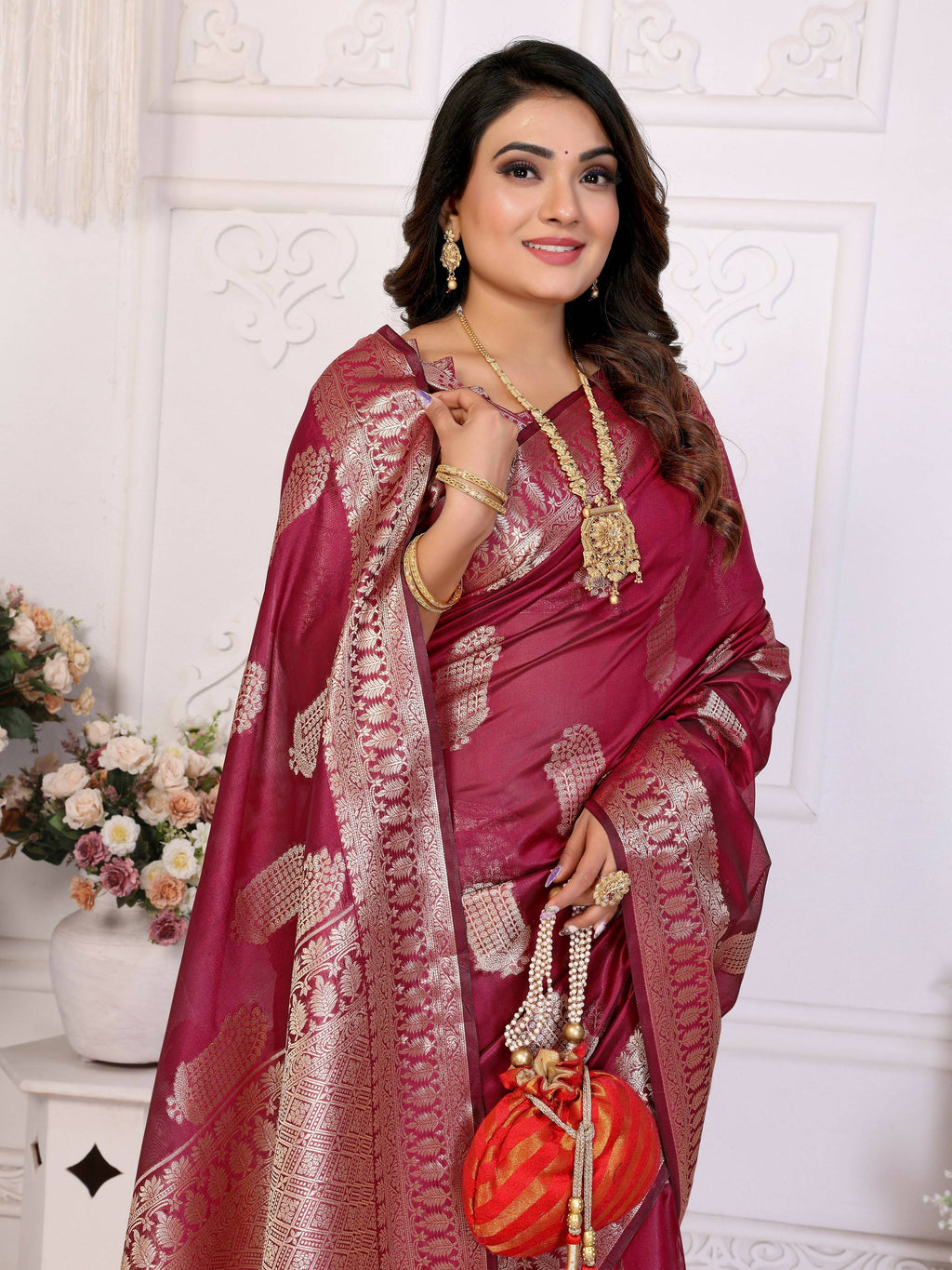 Aastha Fashion Wine Soft Organza Silk Weaving Saree