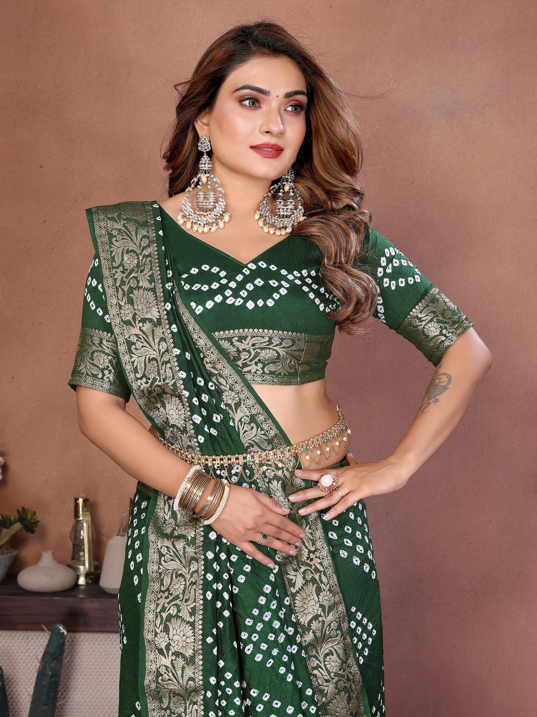 Anaita Green Handmade Bandhej Viscose Silk Saree With Blouse