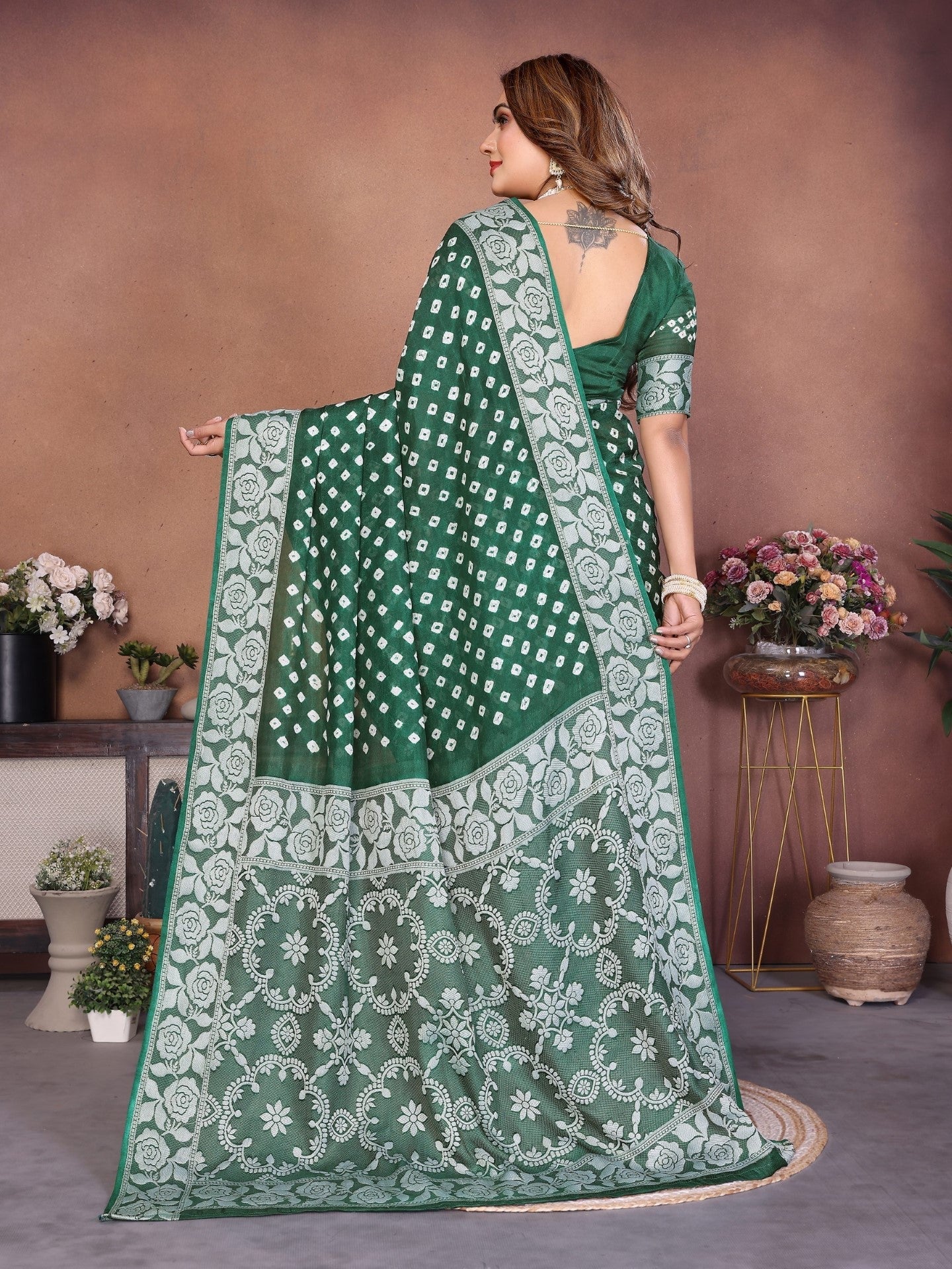 Anaita Green Handmade Bandhej Viscose Silk Saree With Blouse