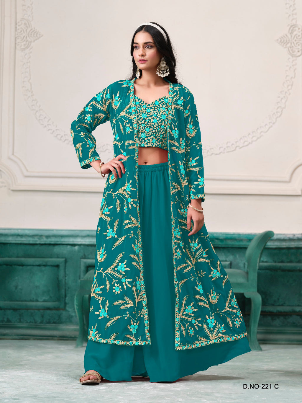 Anaita Turquoise Faux Georgette Sequins Embroidered Stitched Ethnic Suit
