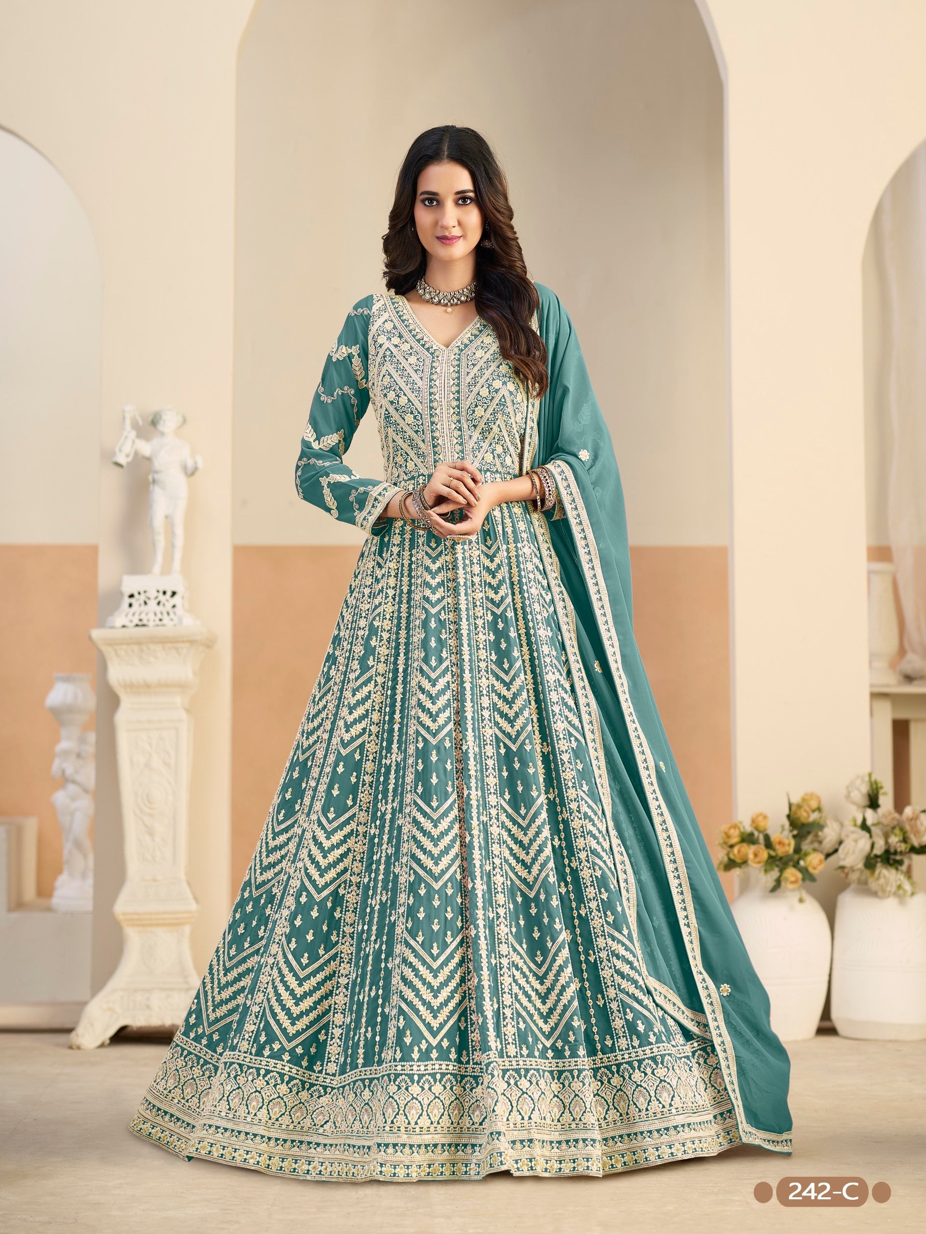 Anaita Light Blue Heavy Embroidered Faux Georgette Anarkali Suit With Salwar