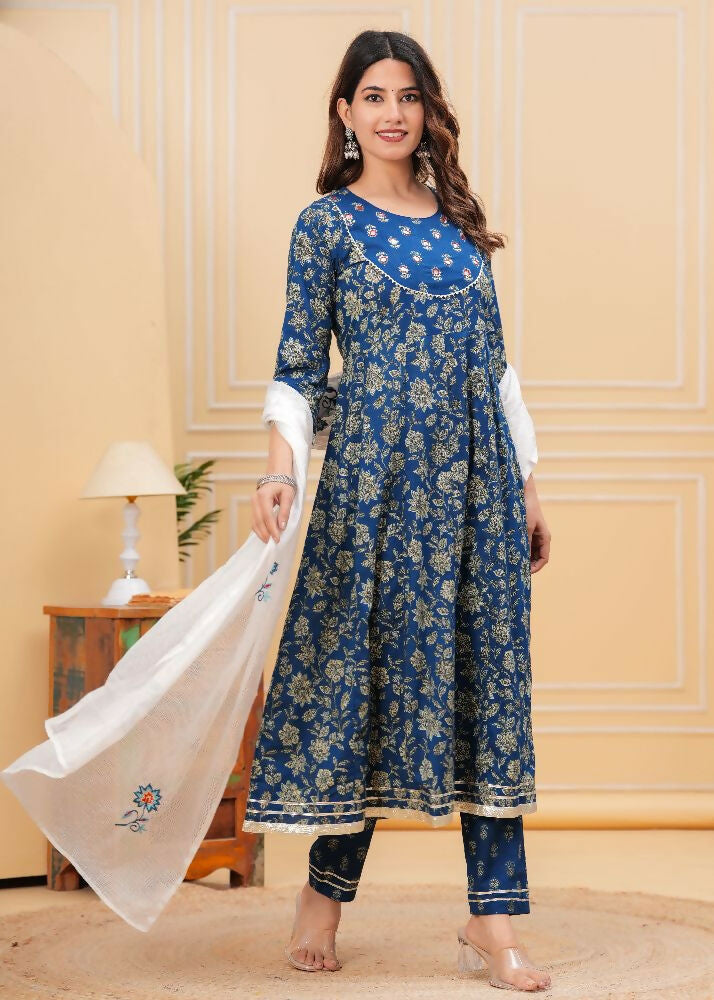 Jaimini Women Cotton Printed Round Neck Calf Length Flared Kurta Pant And Dupatta Set