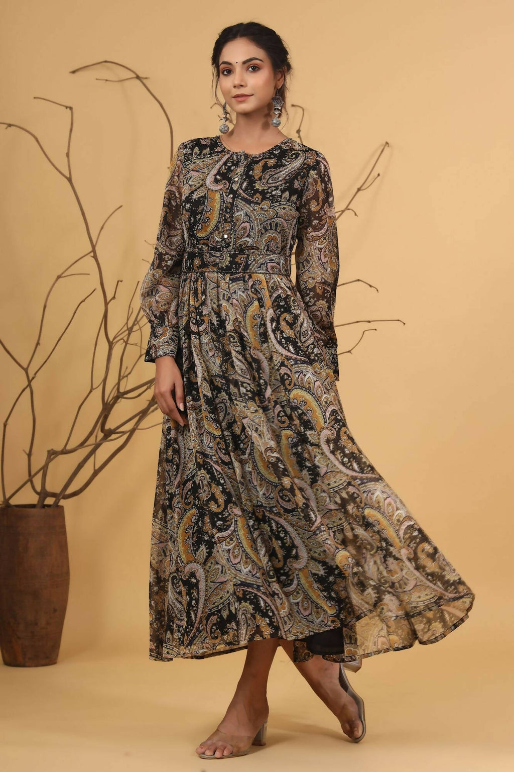 Juniper Women Black Chiffon Printed Flared Dress