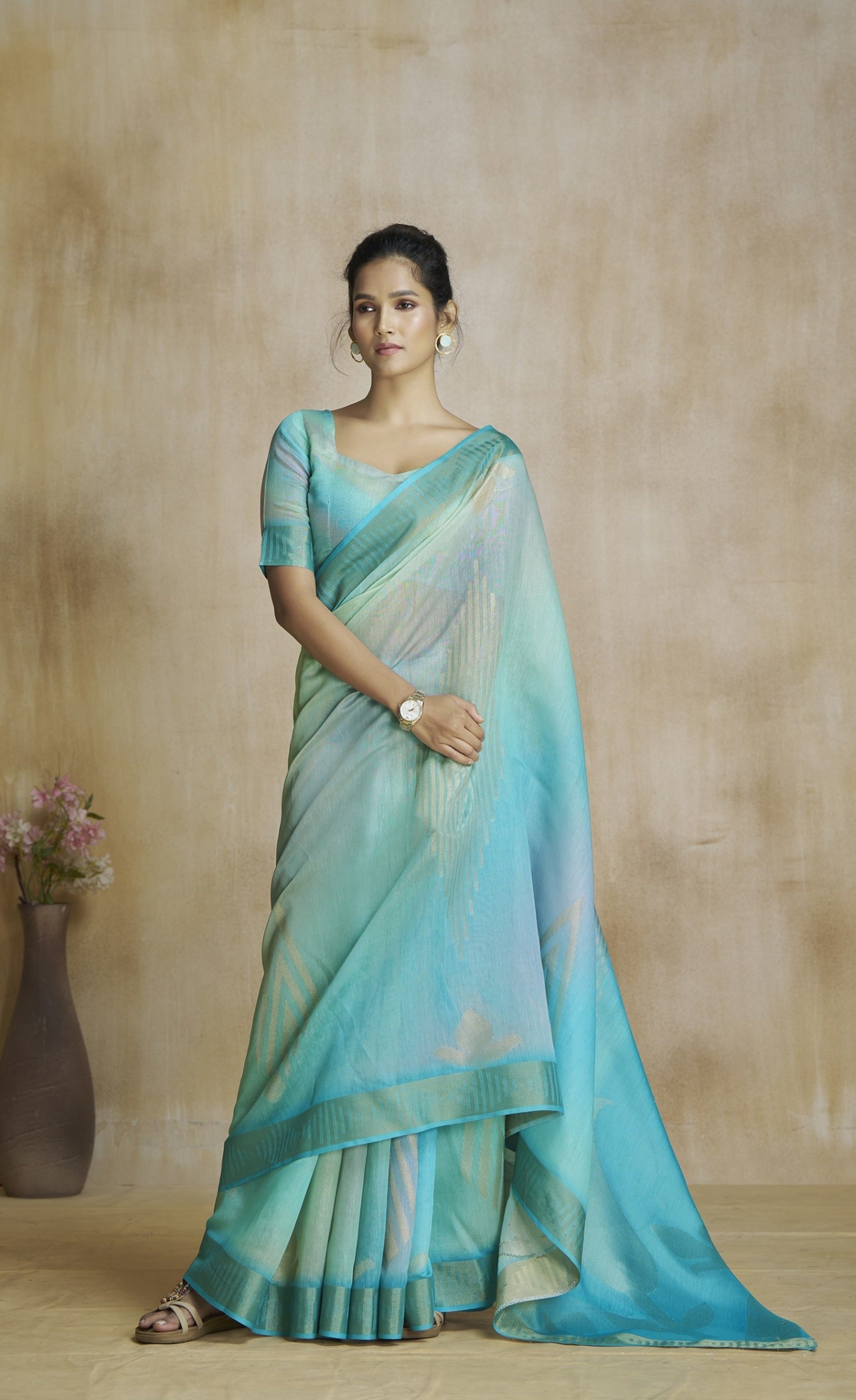 Anaita Turquoise Fancy Fabric With Digital Print Saree With Blouse
