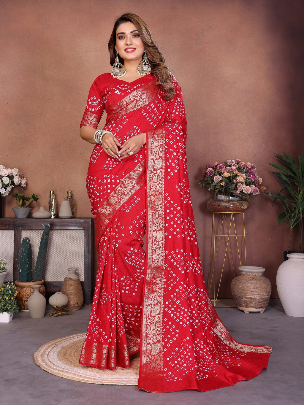 Anaita Red Handmade Bandhej Viscose Silk Saree With Blouse