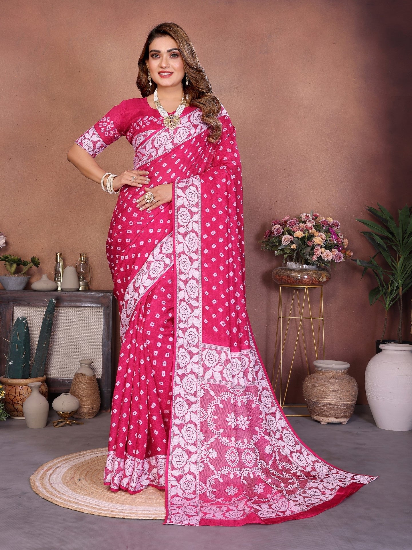 Anaita Pink Handmade Bandhej Viscose Silk Saree With Blouse
