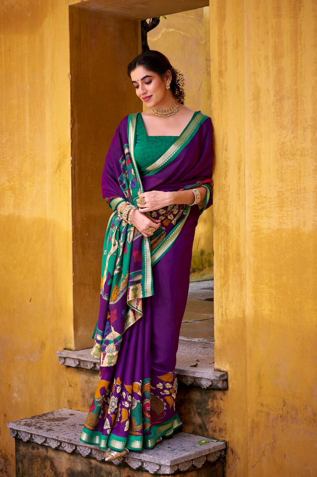 Vastranavya Purple Viscose Chanderi Kalamkari Print with Zari Working Saree & Unstitched Blouse