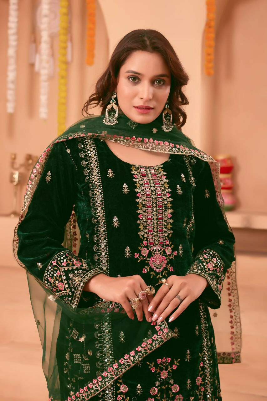 Joban Fashion Green Kurta Set Velvet Embroidery Sequence Work