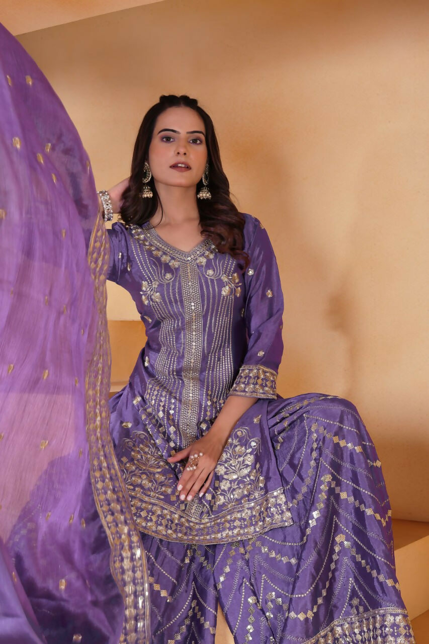 Teeya Creation Lavender Color Chinon Silk Wedding Wear Trending Palazzo Set
