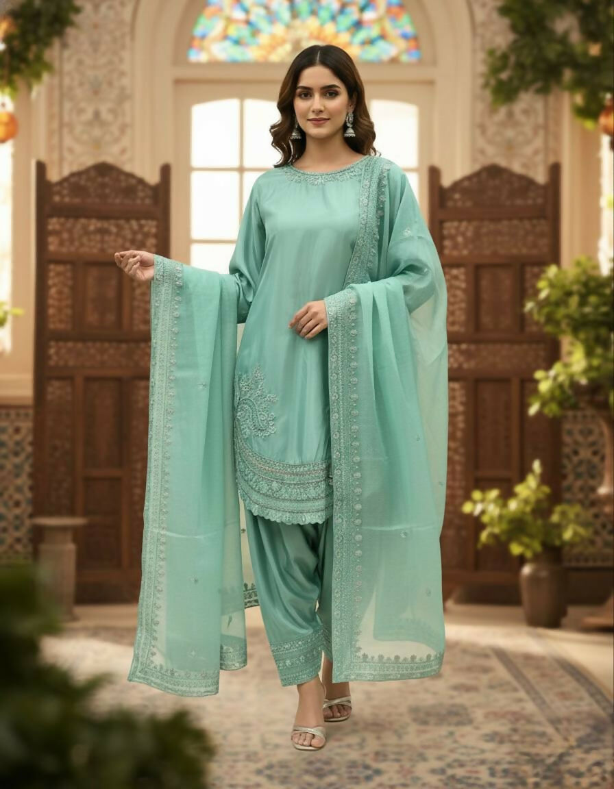 Teeya Creation Turquoise Color Natural Creap Silk Designer Fancy Party Wear Salwar Suit