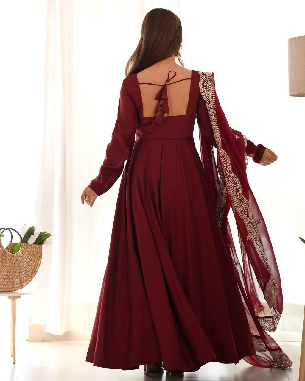 Lehenga Mart Designer Anarkali Suit With Kurta, Pant, Dupatta For Women-Maroon