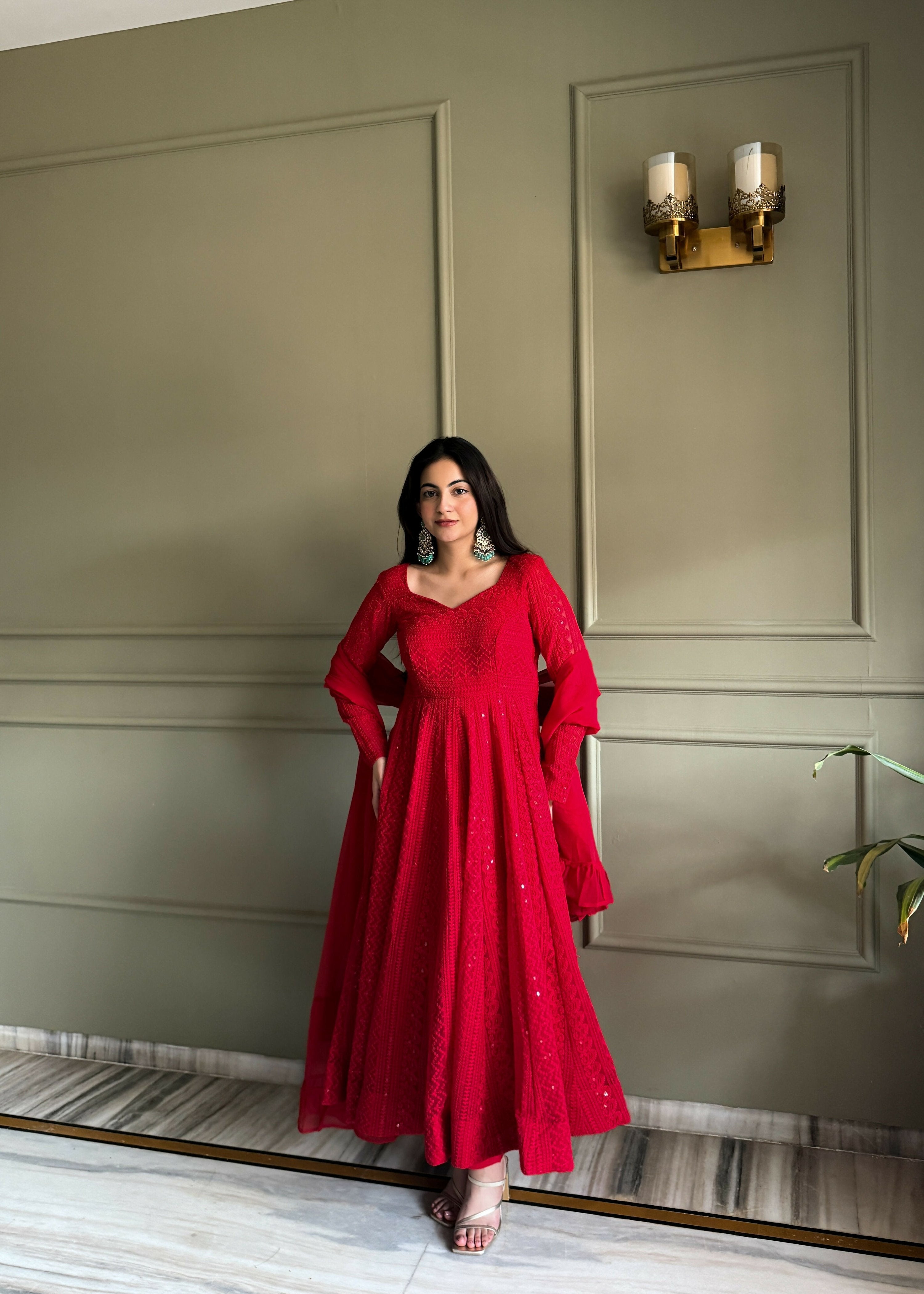 Teeya Creation Red Color Faux Georgette Heavy Embroidery Work Functional Wear Gown