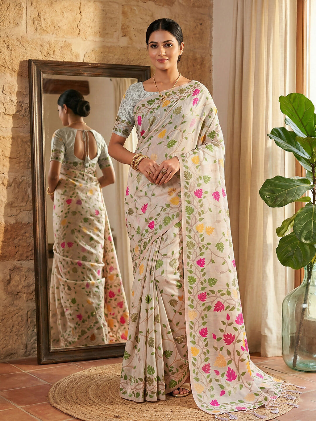 Shree Shyam Fashion White Linen Cotton Saree