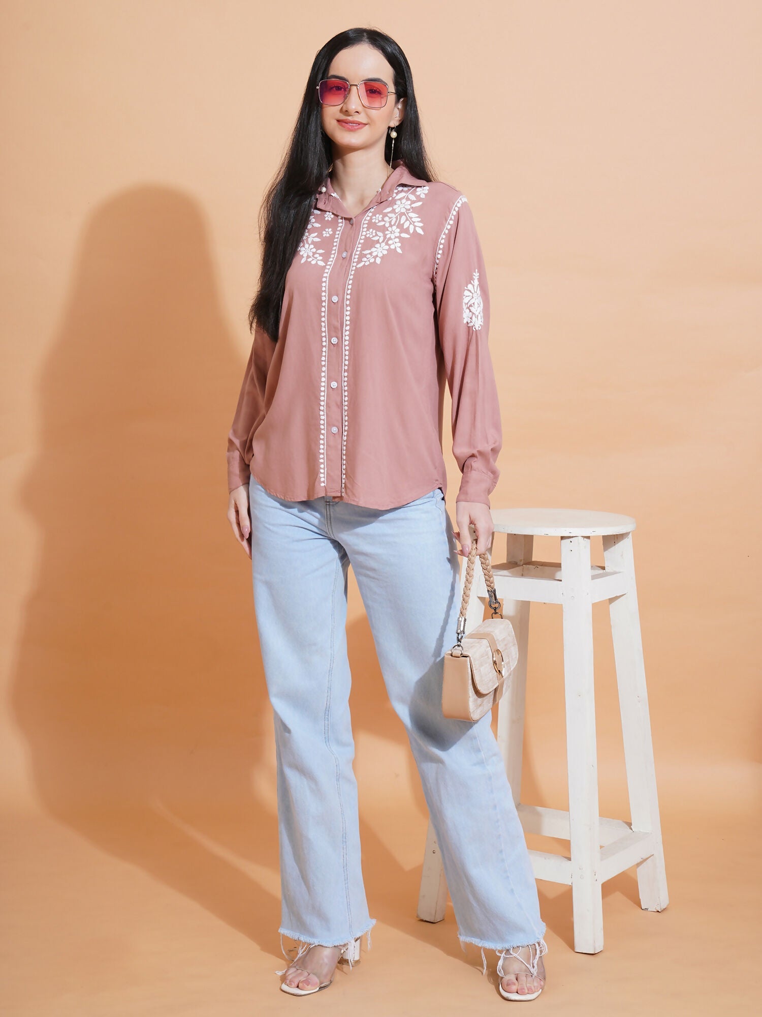 Pahnaz Modal Chikankari Handwork Shirt-Brown