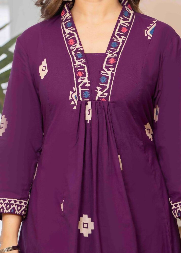 Jaimini Women Cotton Printed V-Neck 3/4 Sleeves Calf Length Flared Kurta Pant And Dupatta Set