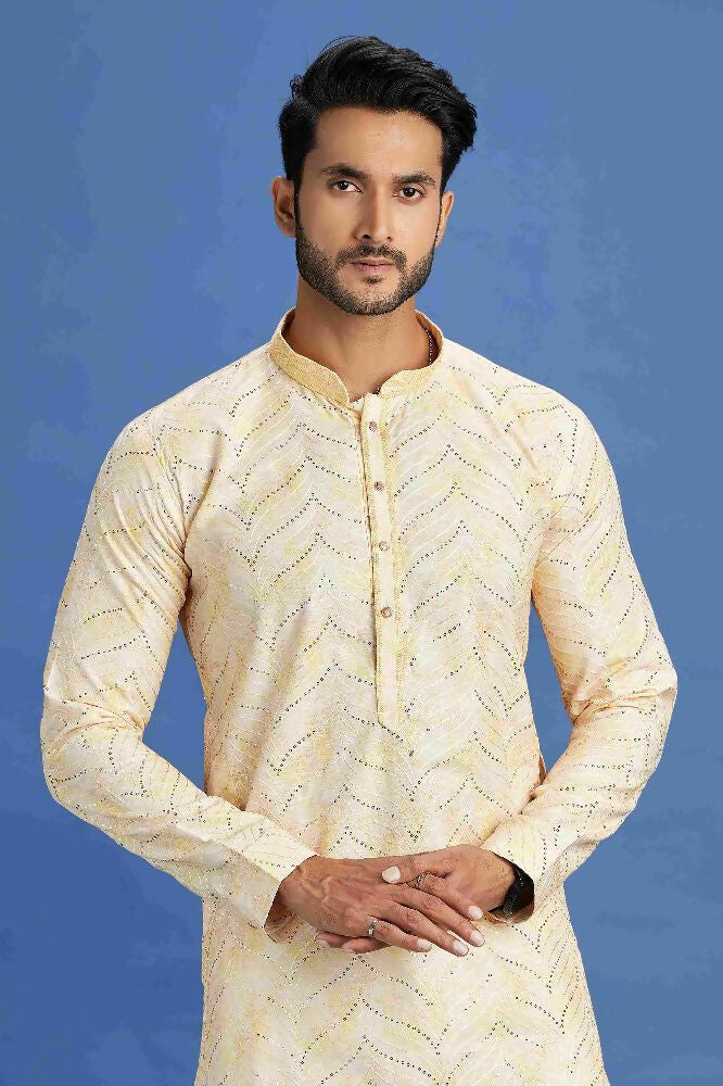 Raivat Ethnic Cotton Embroidery Kurta Pajama In Yellow Colour
