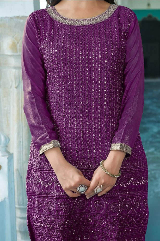 Teeya Creation Wine Colour Chinnon Silk Heavy Embroidery Work Fully Stitched Salwar Suit
