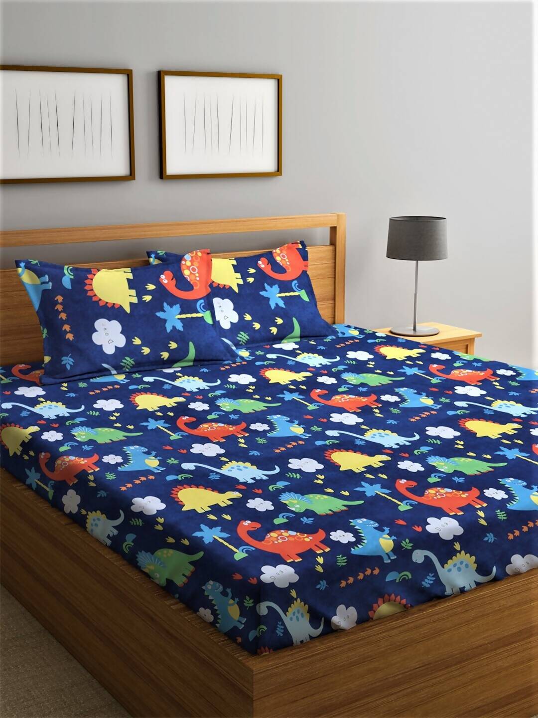 Home Sizzler Blue & Red Cartoon Characters 210 TC Bedsheet with Pillow Cover